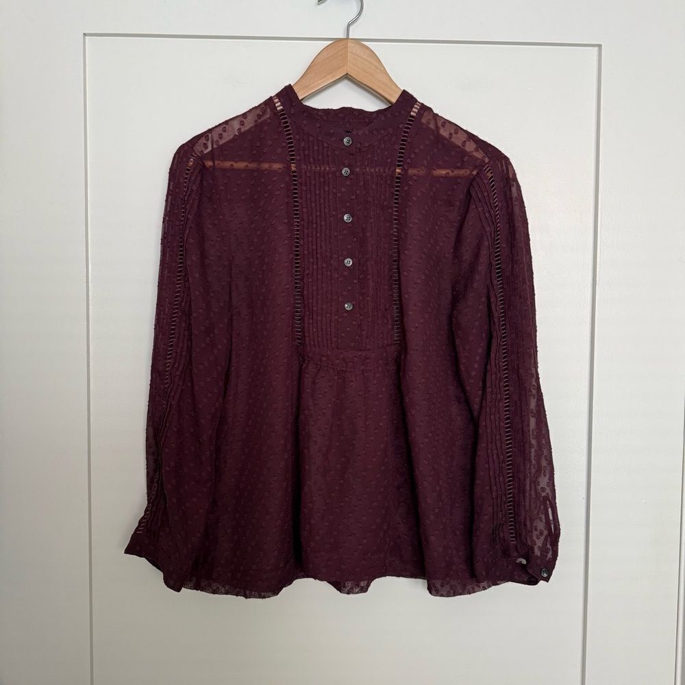 Madewell Blouse Womens Sz L Plum 1/2 Button Sheer Lace Long Sleeve Pintuck